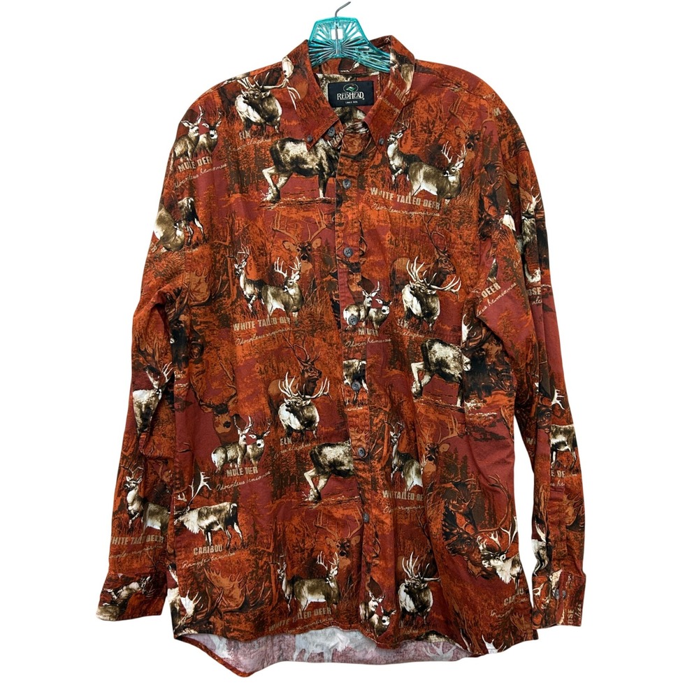 RedHead Button Down Shirt Mens Large Orange Wildlife Deer Elk Caribou Hunting LS